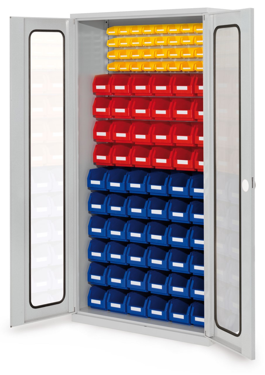 Schlitzplattenschrank mit Sichtfenstertüren, 1950x1000x410 mm HxBxT, Modell 57, Korpus RAL 7035 lichtgrau, Türen RAL 7035 lichtgrau