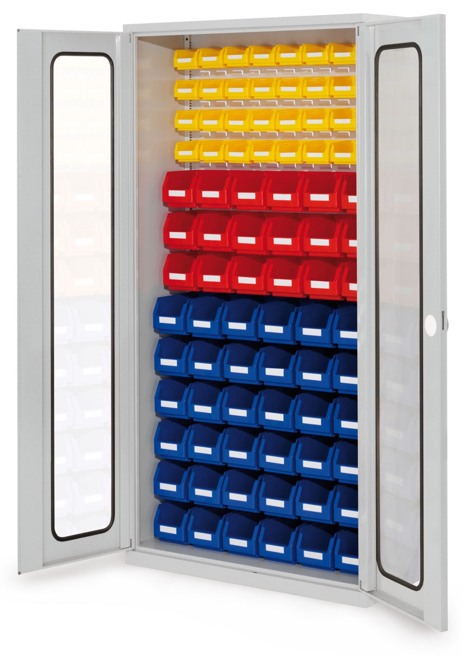 Schlitzplattenschrank mit Sichtfenstertüren, 1950x1000x410 mm HxBxT, Modell 55, Korpus RAL 7035 lichtgrau, Türen RAL 7035 lichtgrau