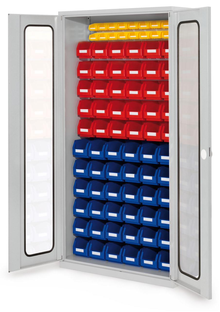 Schlitzplattenschrank mit Sichtfenstertüren, 1950x1000x410 mm HxBxT, Modell 58, Korpus RAL 7035 lichtgrau, Türen RAL 7035 lichtgrau