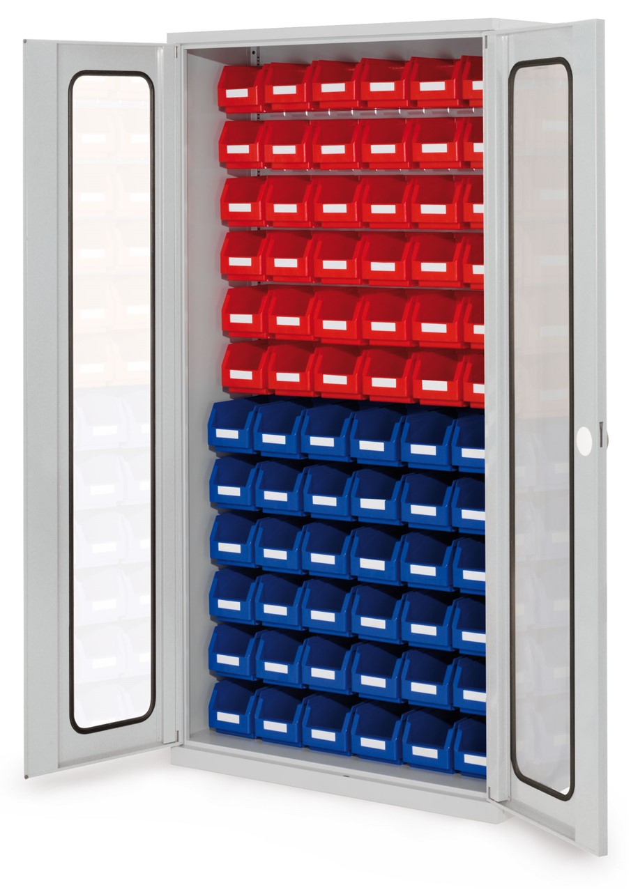 Schlitzplattenschrank mit Sichtfenstertüren, 1950x1000x410 mm HxBxT, Modell 52, Korpus RAL 7035 lichtgrau, Türen RAL 7035 lichtgrau