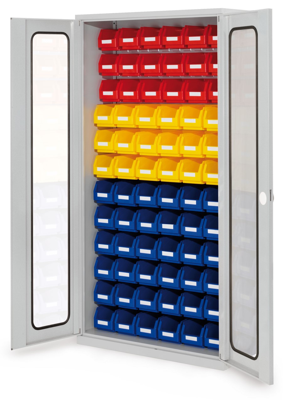 Schlitzplattenschrank mit Sichtfenstertüren, 1950x1000x410 mm HxBxT, Modell 56, Korpus RAL 7035 lichtgrau, Türen RAL 7035 lichtgrau