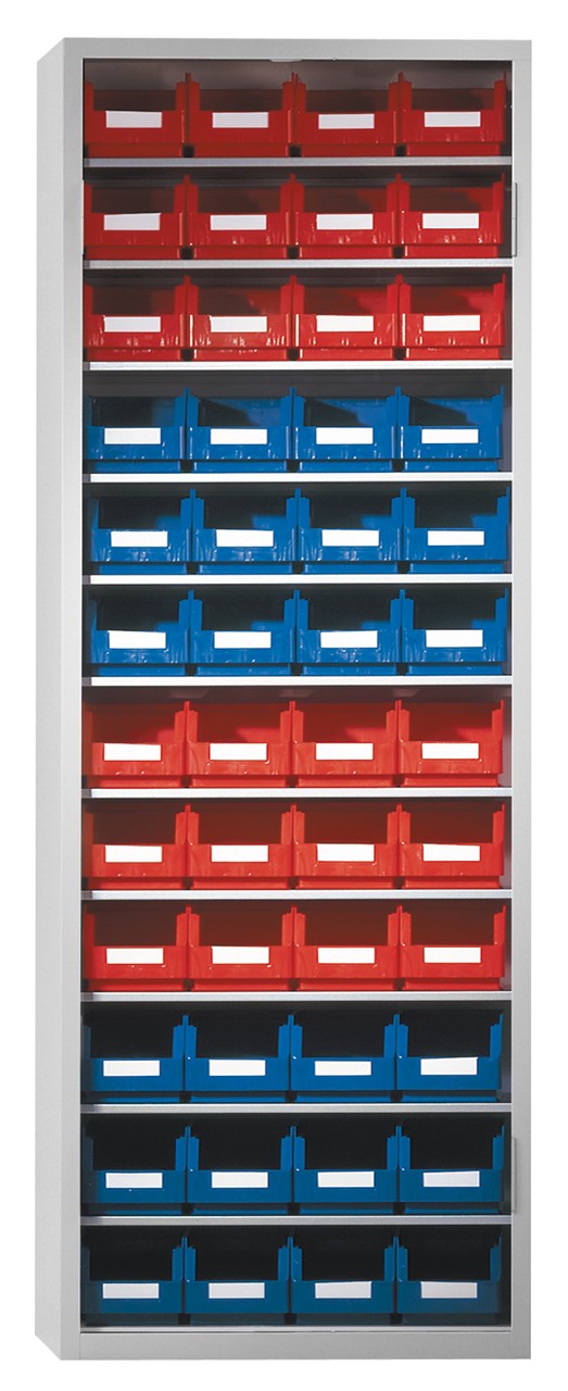 Ordnungsschrank mit Lagersichtkästen, 1950x690x285 mm HxBxT, Modell 33, RAL 7035 lichtgrau