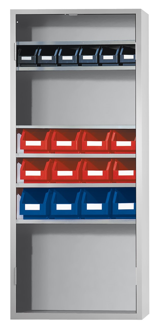 Ordnungsschrank mit Lagersichtkästen, 1950x950x400 mm HxBxT, Modell 42, RAL 7035 lichtgrau