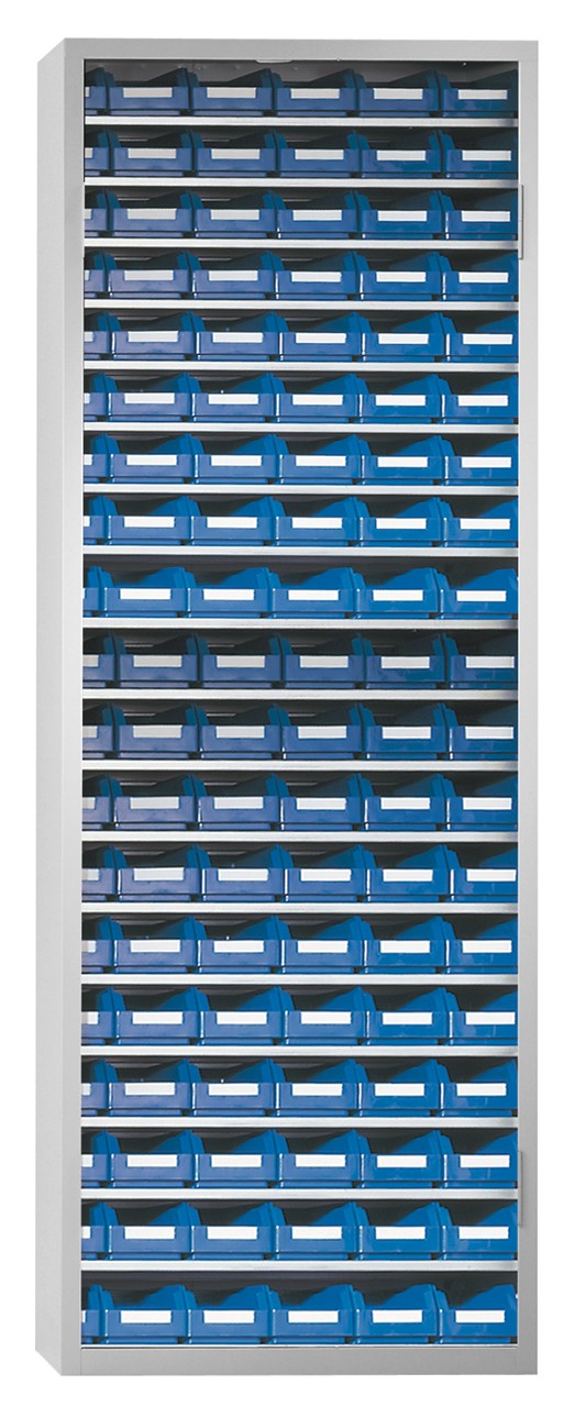 Ordnungsschrank mit Lagersichtkästen, 1950x690x285 mm HxBxT, Modell 32, RAL 7035 lichtgrau