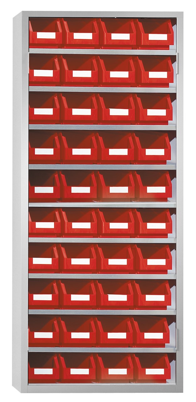 Ordnungsschrank mit Lagersichtkästen, 1950x950x400 mm HxBxT, Modell 41, RAL 7035 lichtgrau