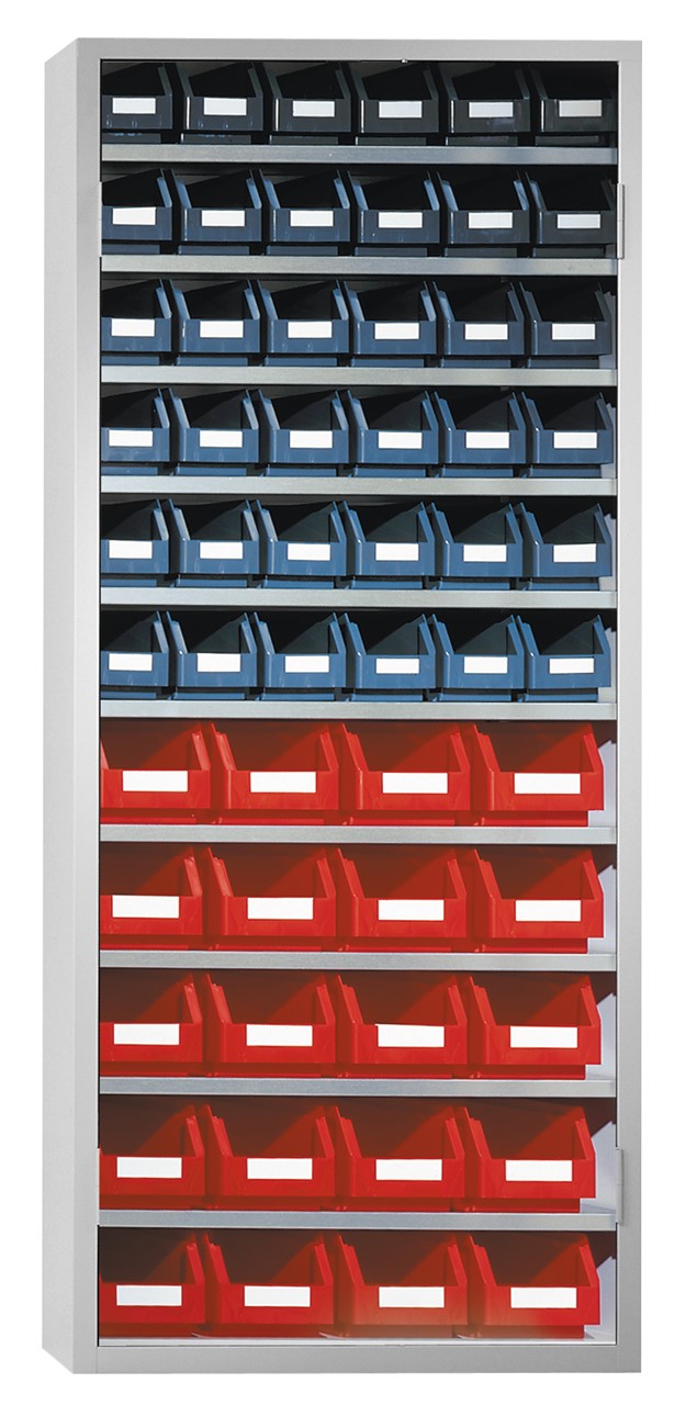 Ordnungsschrank mit Lagersichtkästen, 1950x950x400 mm HxBxT, Modell 43, RAL 7035 lichtgrau
