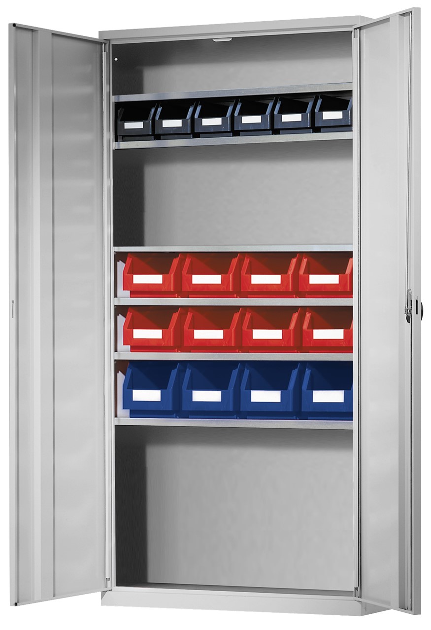 Ordnungsschrank mit Lagersichtkästen, 1950x950x400 mm HxBxT, Modell 42, RAL 7035 lichtgrau