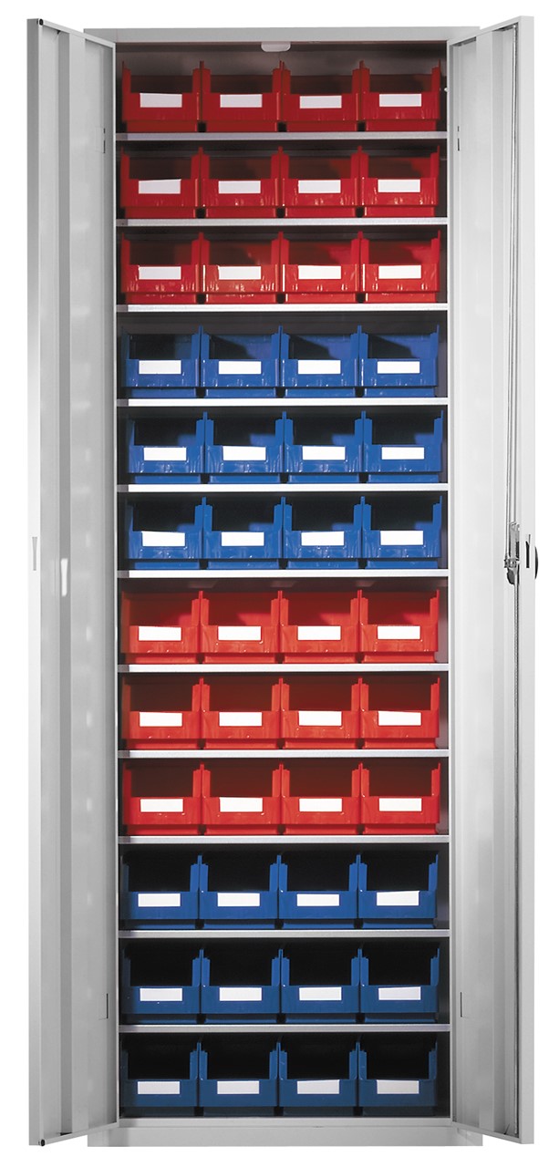 Ordnungsschrank mit Lagersichtkästen, 1950x690x285 mm HxBxT, Modell 34, RAL 7035 lichtgrau