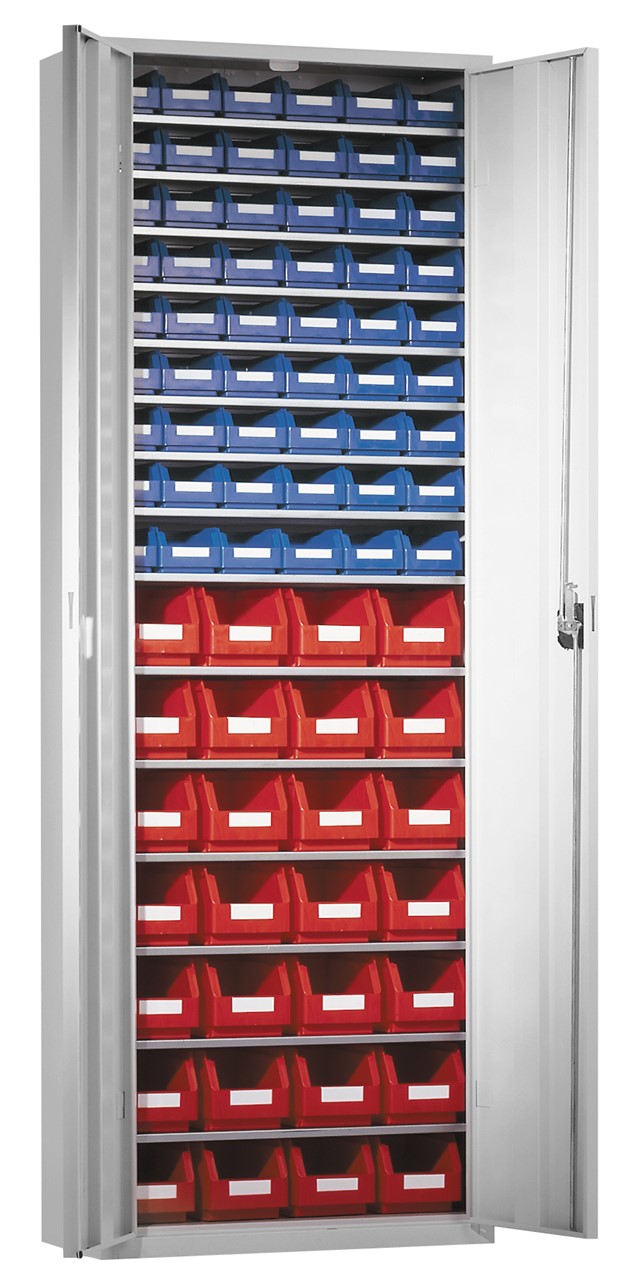 Ordnungsschrank mit Lagersichtkästen, 1950x690x285 mm HxBxT, Modell 31, RAL 7035 lichtgrau