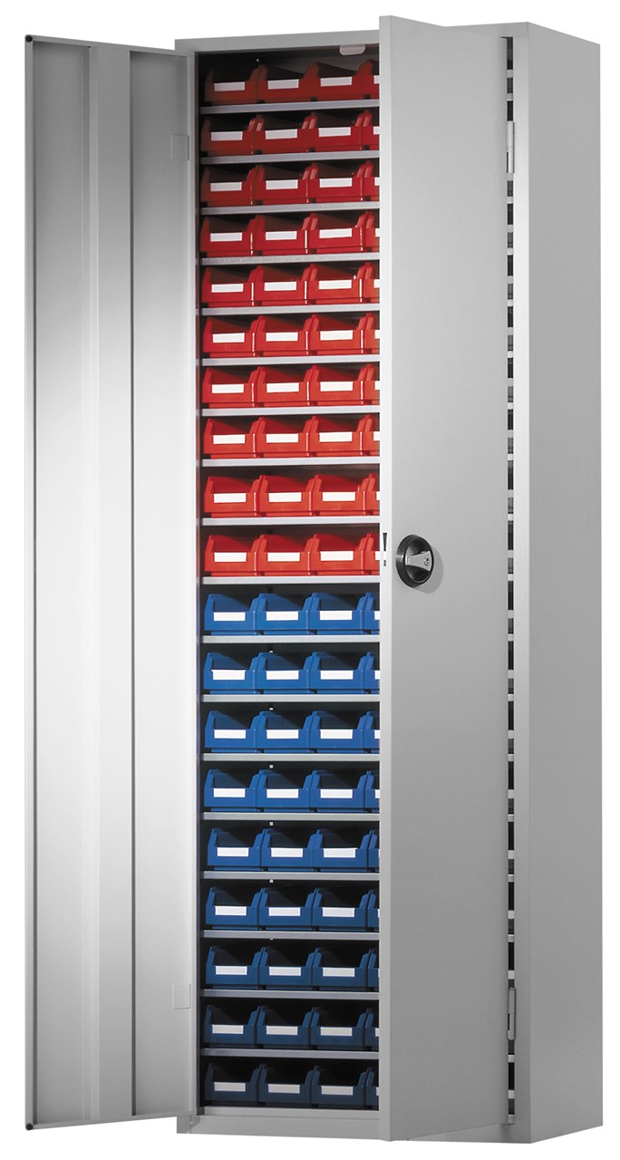 Ordnungsschrank mit Lagersichtkästen, 1950x690x285 mm HxBxT, Modell 32, RAL 7035 lichtgrau