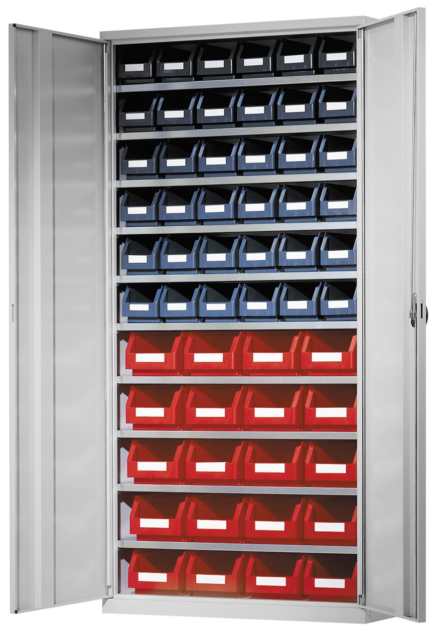 Ordnungsschrank mit Lagersichtkästen, 1950x950x400 mm HxBxT, Modell 43, RAL 7035 lichtgrau