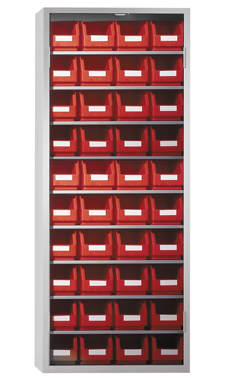Ordnungsschrank mit Lagersichtkästen, 1600x690x285 mm HxBxT, Modell 22, RAL 7035 lichtgrau