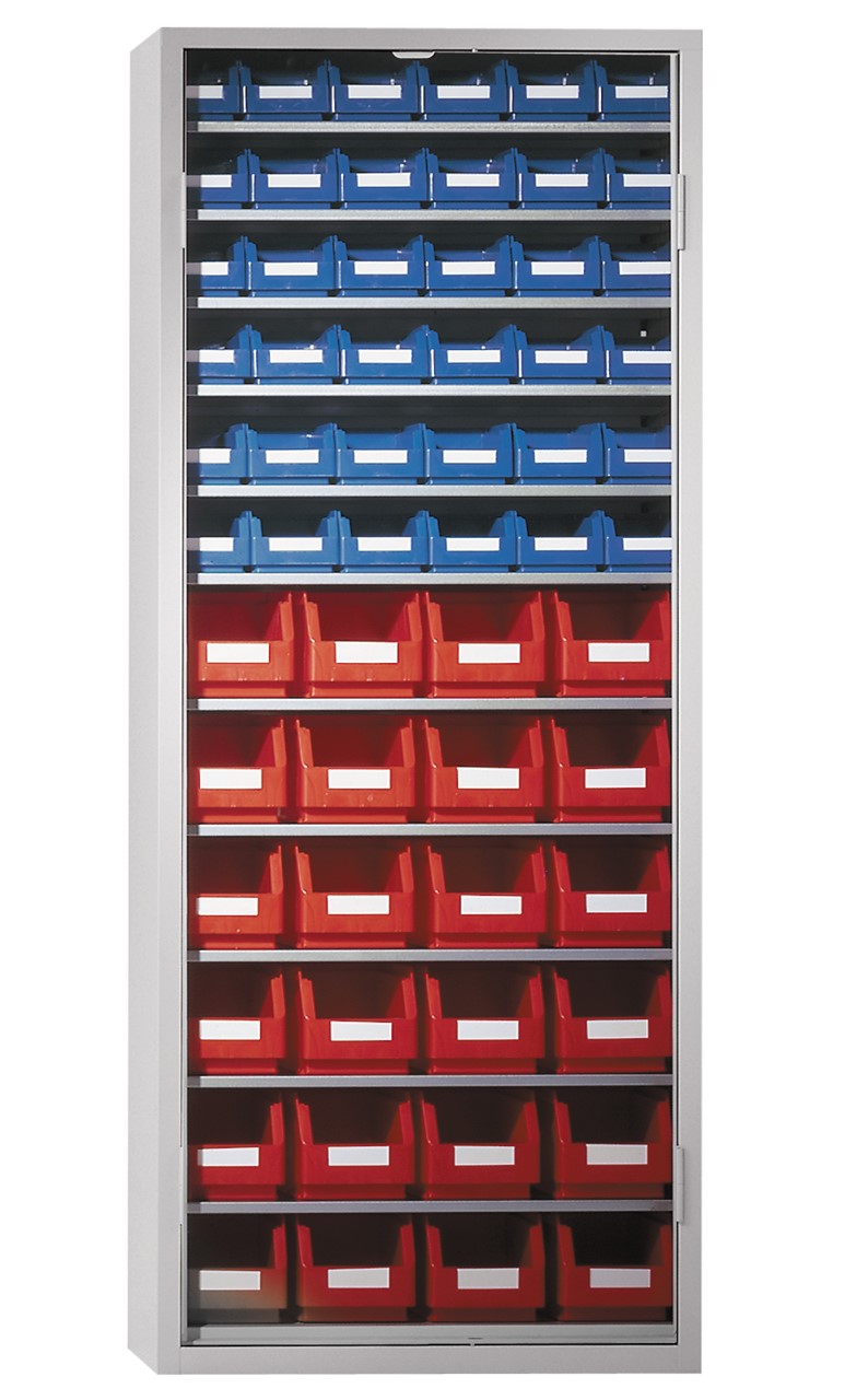 Ordnungsschrank mit Lagersichtkästen, 1600x690x285 mm HxBxT, Modell 21, RAL 7035 lichtgrau