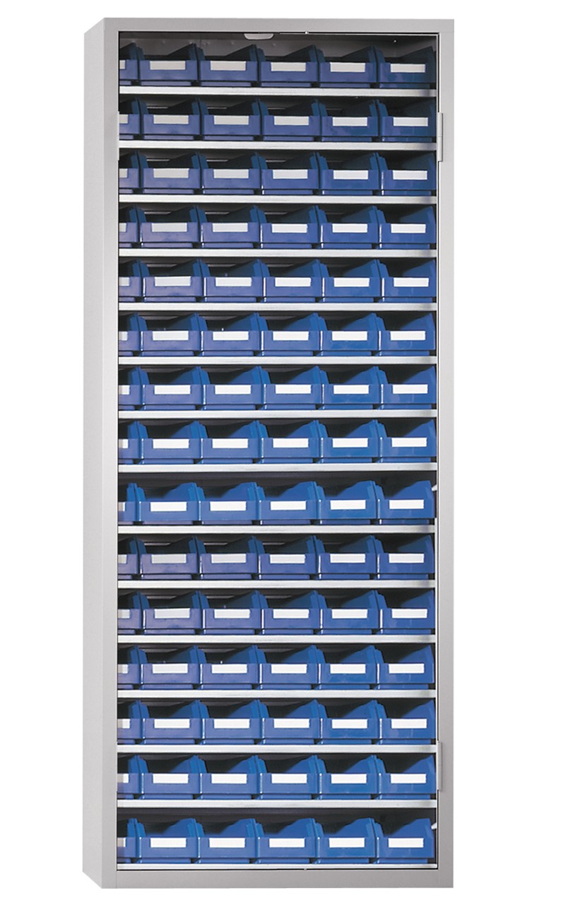 Ordnungsschrank mit Lagersichtkästen, 1600x690x285 mm HxBxT, Modell 23 RAL 7035 lichtgrau