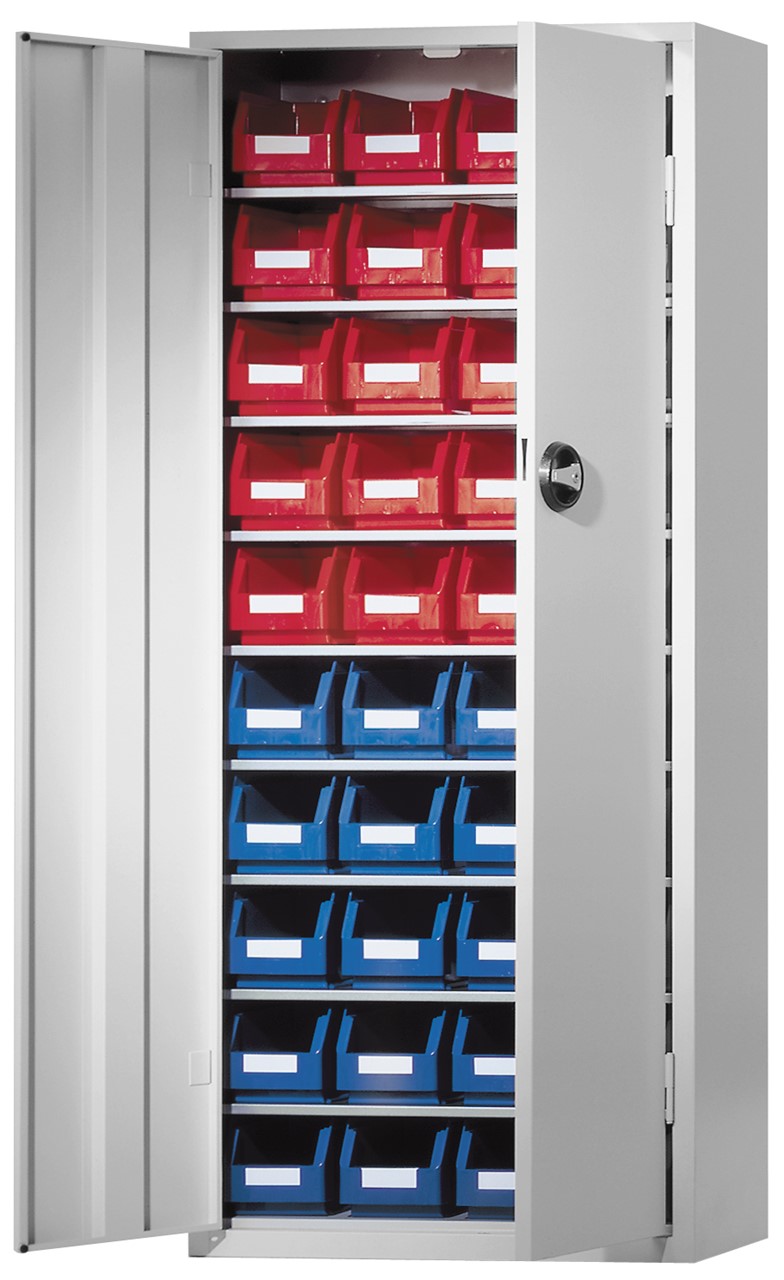 Ordnungsschrank mit Lagersichtkästen, 1600x690x285 mm HxBxT, Modell 22, RAL 7035 lichtgrau,