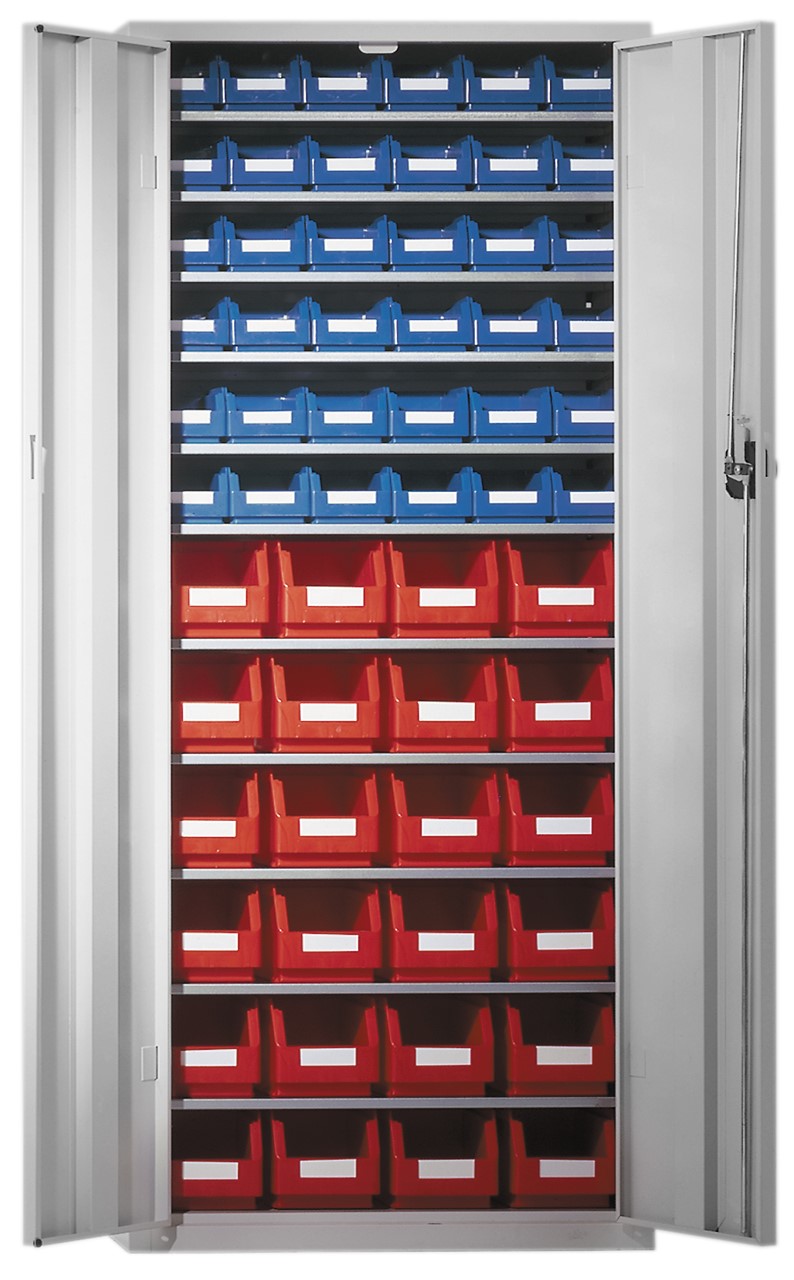 Ordnungsschrank mit Lagersichtkästen, 1600x690x285 mm HxBxT, Modell 21, RAL 7035 lichtgrau