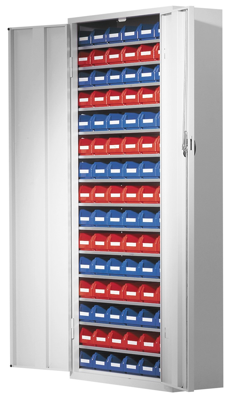 Ordnungsschrank mit Lagersichtkästen, 1600x690x285 mm HxBxT, Modell 23 RAL 7035 lichtgrau