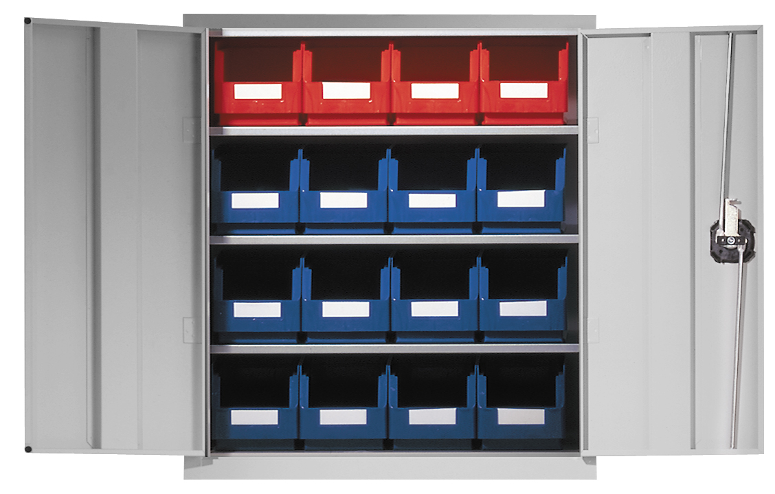 Ordnungsschrank mit Lagersichtkästen, 780x690x285 mm HxBxT, Modell 12, RAL 7035 lichtgrau