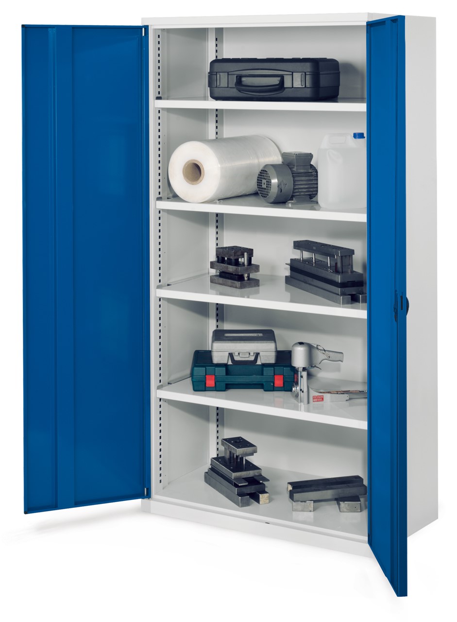 Schwerlastschrank 1950x1000x600 mm HxBxT, Vollblechtüren, 4 Fachböden B 1000 mm, TL 160 kg, Korpus RAL 7035 lichtgrau, Türen RAL 5010 enzianblau
