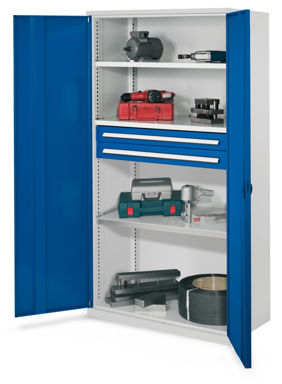 Schwerlastschrank 1950x1000x600 mm HxBxT, Vollblechtüren, 3 Fachböden, B 1000 mm, TL 160 kg, 2 Schubladen 100x 1000 mm, TL 110 kg, Korpus RAL 7035 lichtgrau, Türen RAL 5010 enzianblau