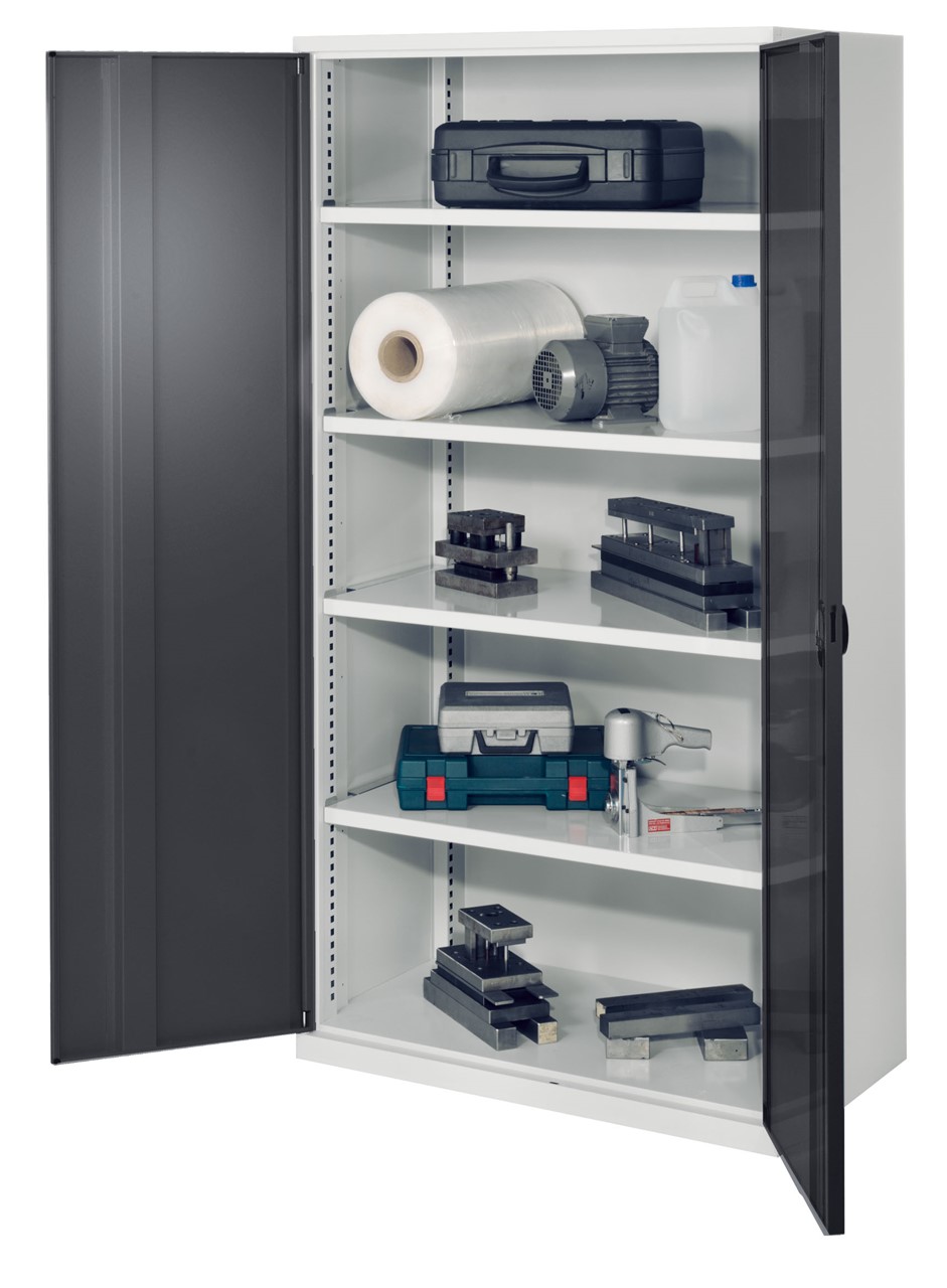 Schwerlastschrank 1950x1000x600 mm HxBxT, Vollblechtüren, 4 Fachböden B 1000 mm, TL 160 kg, Korpus RAL 7035 lichtgrau, Türen RAL 7016 anthrazitgrau