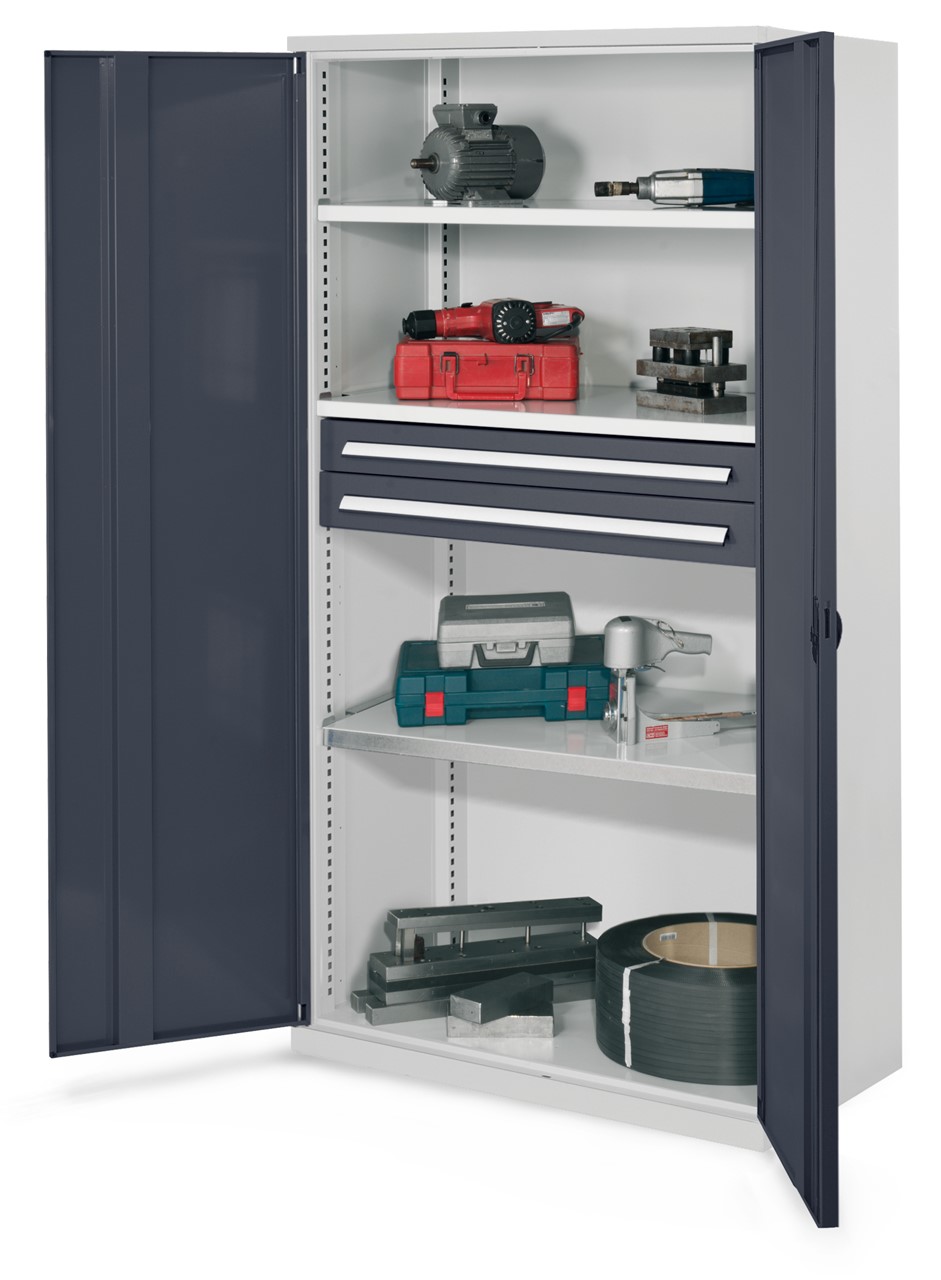 Schwerlastschrank 1950x1000x600 mm HxBxT, Vollblechtüren, 3 Fachböden, B 1000 mm, TL 160 kg, 2 Schubladen 100x 1000 mm, TL 110 kg, Korpus RAL 7035 lichtgrau, Türen RAL 5010 enzianblau