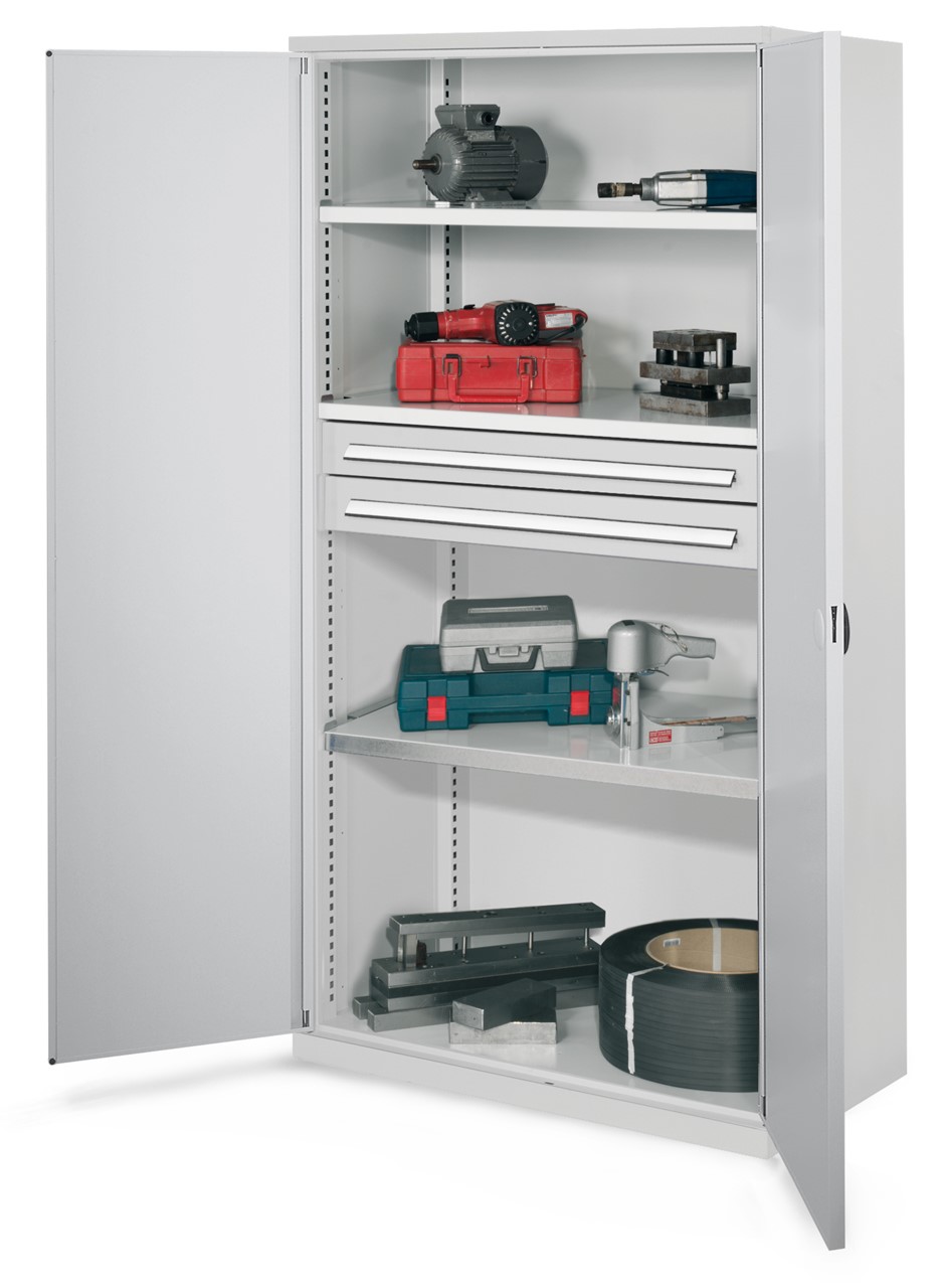 Schwerlastschrank 1950x1000x600 mm HxBxT, Doppelwandtüren, 3 Fachböden, B 1000 mm, TL 160 kg, 2 Schubladen 100x 1000 mm, TL 110 kg, Korpus RAL 7035 lichtgrau, Türen RAL 7035 lichtgrau