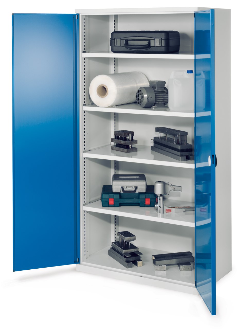 Schwerlastschrank 1950x1000x600 mm HxBxT, Doppelwandtüren, 4 Fachböden Breite 1000 mm, Traglast 160 kg, Korpus RAL 7035 lichtgrau, Türen RAL 5010 enzianblau