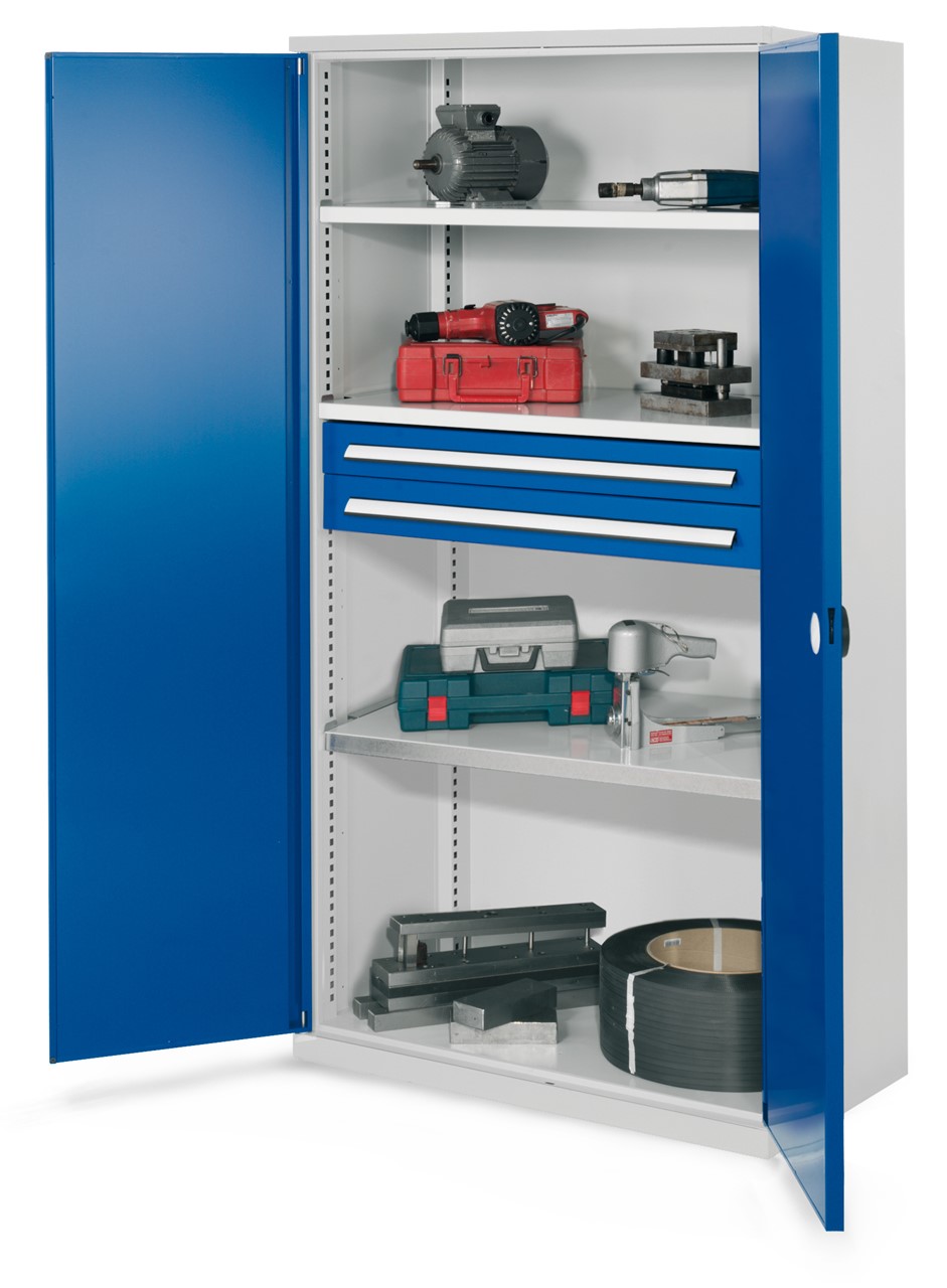 Schwerlastschrank 1950x1000x600 mm HxBxT, Doppelwandtüren, 3 Fachböden, B 1000 mm, TL 160 kg, 2 Schubladen 100x 1000 mm, TL 110 kg, Korpus RAL 7035 lichtgrau, Türen RAL 5010 enzianblau