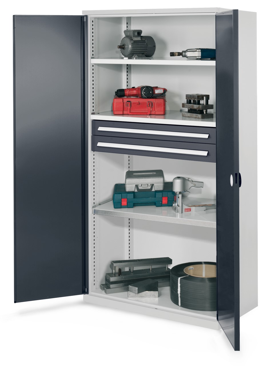 Schwerlastschrank 1950x1000x600 mm HxBxT, Doppelwandtüren, 3 Fachböden, B 1000 mm, TL 160 kg, 2 Schubladen 100x 1000 mm, TL 110 kg, Korpus RAL 7035 lichtgrau, Türen RAL 7016 anthrazitgrau