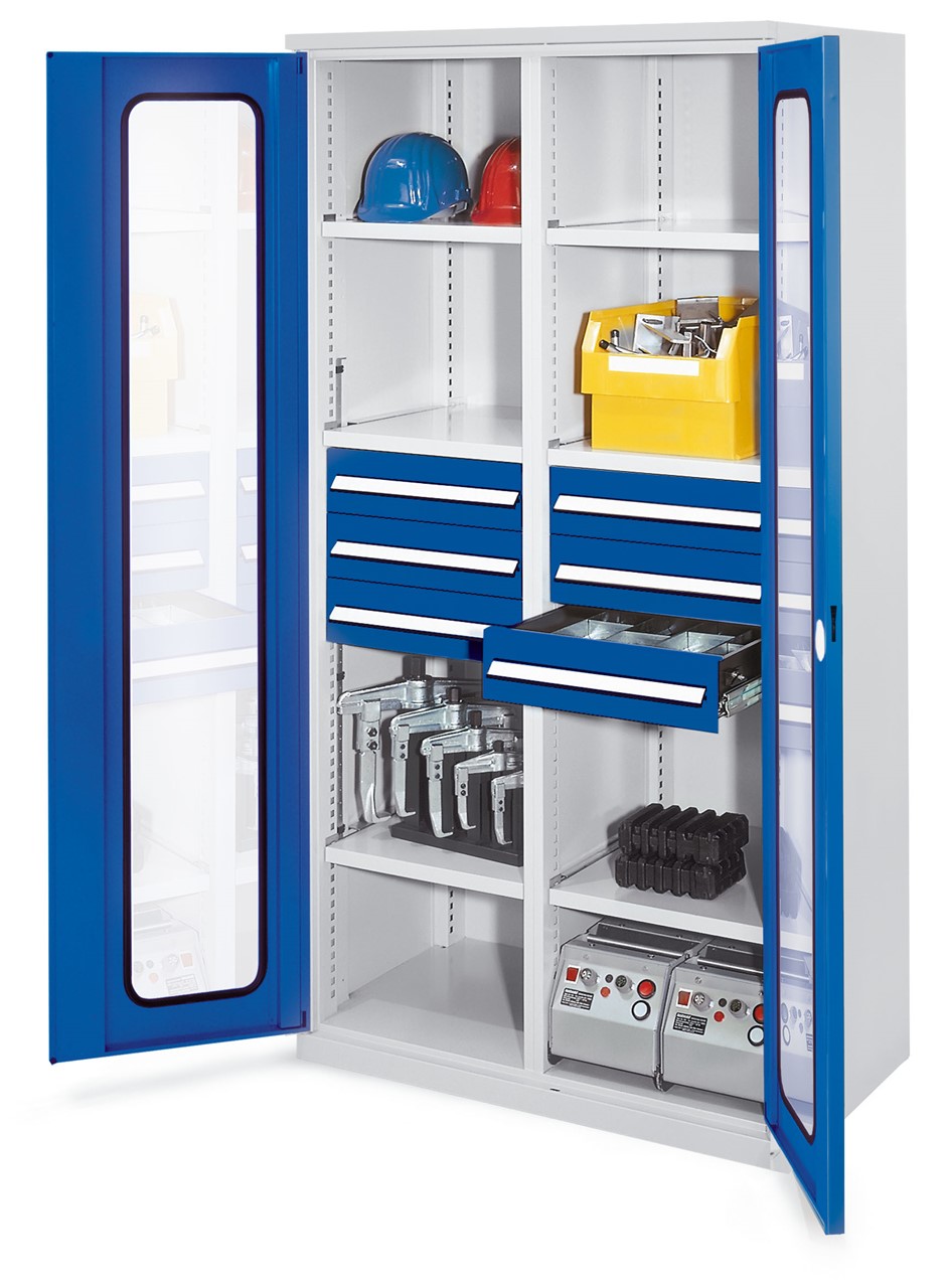 Schwerlastschrank mit Mitteltrennwand 1950x1000x600 mm HxBxT, Sichtfenstertüren