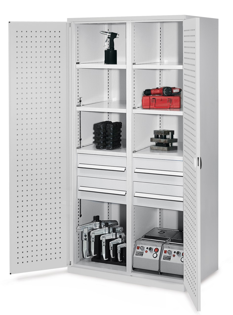 Schwerlastschrank mit Mitteltrenwannd 1950x1000x600 mm HxBxT, Lochplattentüren