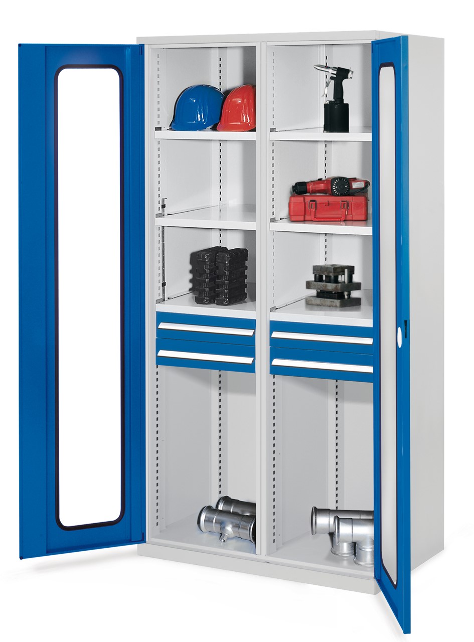 Schwerlastschrank mit Mitteltrennwand 1950x1000x600 mm HxBxT, Sichtfenstertüren