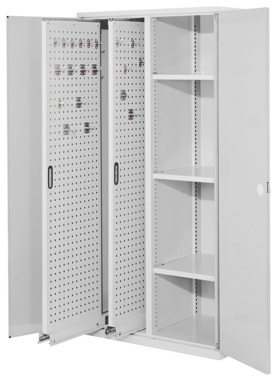 Vertikalschrank 1950x1000x600 mm HxBxT, 2 Auszüge, 3 Fachböden Breite 500 mm, Korpus RAL 7035 lichtgrau, Türen RAL 7035 lichtgrau