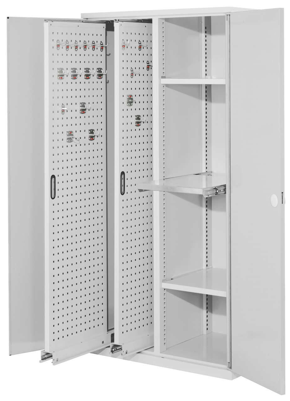 Vertikalschrank 1950x1000x600 mm HxBxT, 2 Auszüge, 2 Fachböden Breite 500 mm, 1 Auszugboden Breite 500 mm,  Korpus RAL 7035 lichtgrau, Türen RAL 7035 lichtgrau