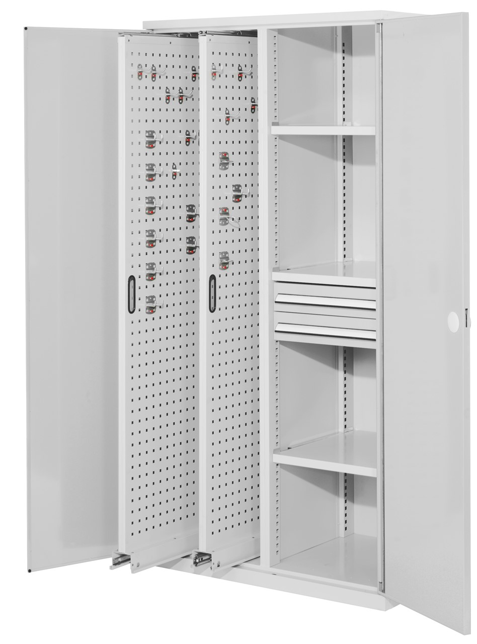 Vertikalschrank 1950x1000x600 mm HxBxT, 2 Auszüge, 3 Fachböden Breite 500 mm, 2 Schublade Höhe 100x Breite 500 mm,  Korpus RAL 7035 lichtgrau, Türen RAL 7035 lichtgrau