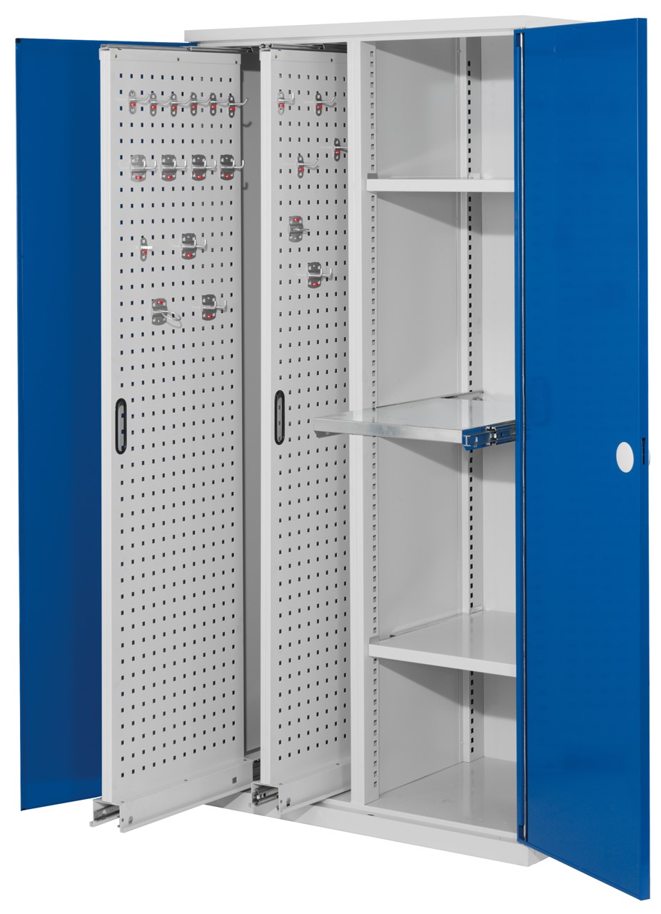 Vertikalschrank 1950x1000x600 mm HxBxT, 2 Auszüge, 2 Fachböden Breite 500 mm, 1 Auszugboden Breite 500 mm,  Korpus RAL 7035 lichtgrau, Türen RAL 5010 enzianblau