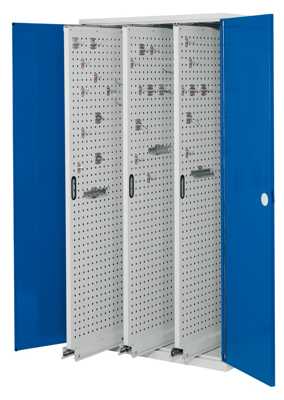 Vertikalschrank 1950x1000x600 mm HxBxT, 3 Auszüge, Korpus RAL 7035 lichtgrau, Türen RAL 5010 enzianblau
