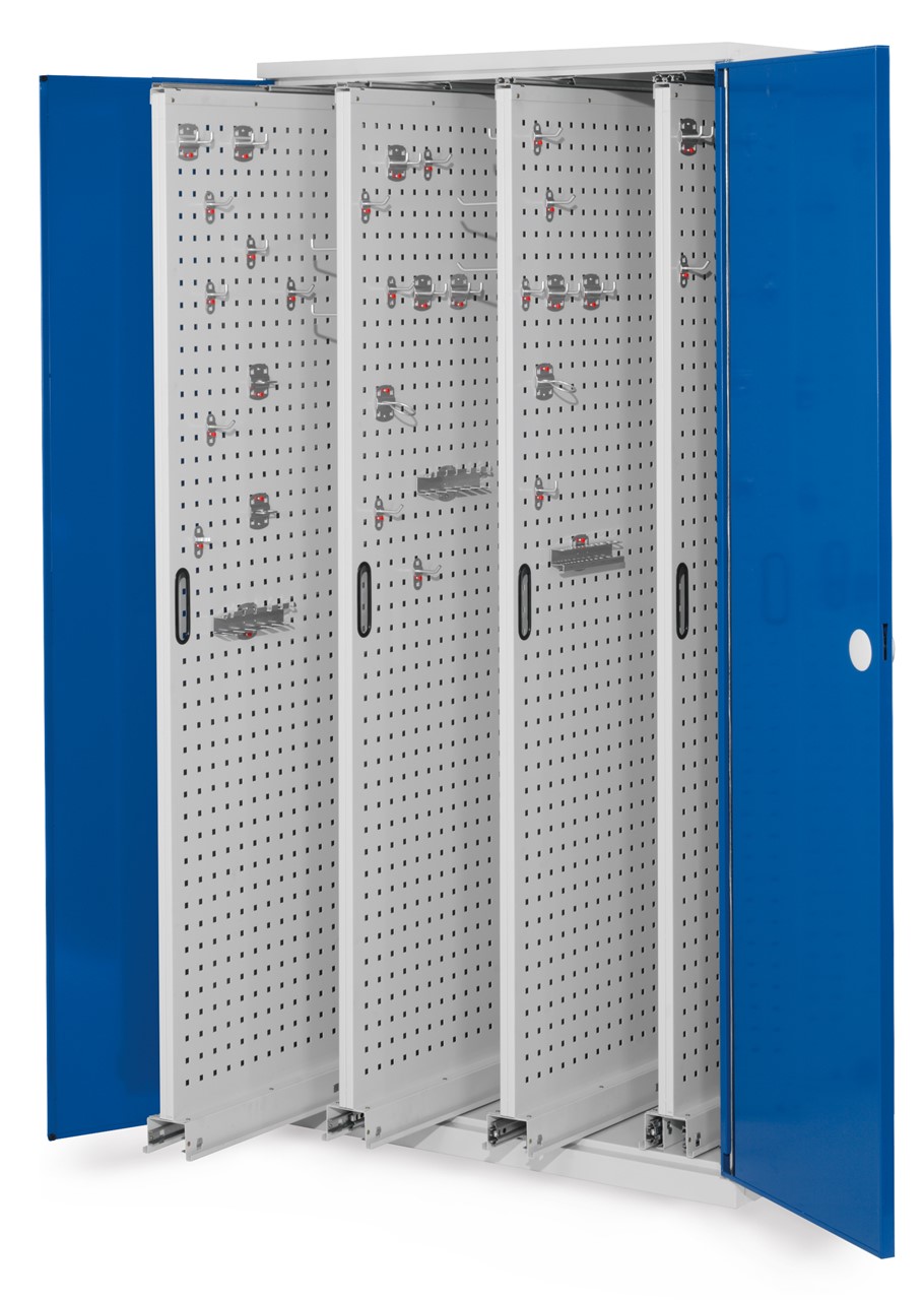 Vertikalschrank 1950x1000x600 mm HxBxT, 4 Auszüge, Korpus RAL 7035 lichtgrau, Türen RAL 5010 enzianblau