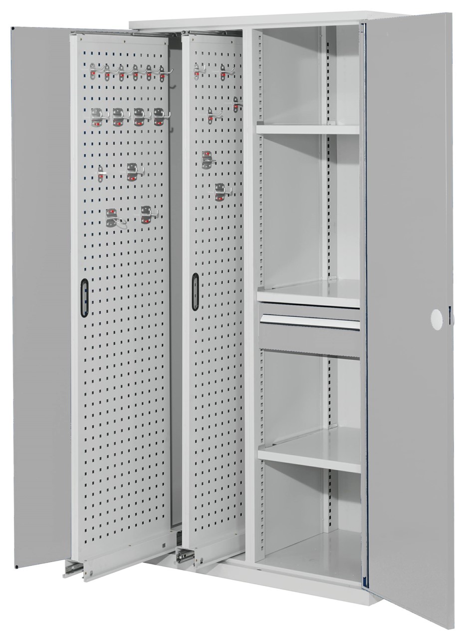 Vertikalschrank 1950x1000x600 mm HxBxT, 2 Auszüge, 3 Fachböden Breite 500 mm, 1 Schublade Höhe 175x Breite 500 mm,  Korpus RAL 7035 lichtgrau, Türen RAL 7035 lichtgrau