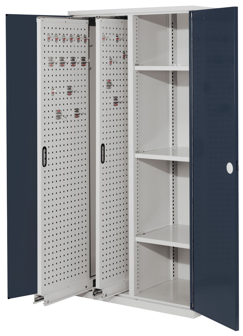 Vertikalschrank 1950x1000x600 mm HxBxT, 2 Auszüge, 3 Fachböden Breite 500 mm, Korpus RAL 7035 lichtgrau, Türen RAL 7016 anthrazitgrau