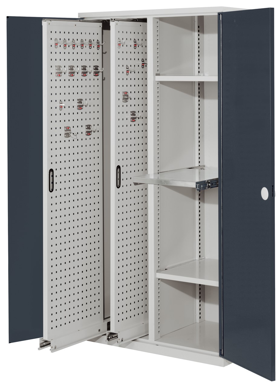 Vertikalschrank 1950x1000x600 mm HxBxT, 2 Auszüge, 2 Fachböden Breite 500 mm, 1 Auszugboden Breite 500 mm,  Korpus RAL 7035 lichtgrau, Türen RAL 7016 anthrazitgrau