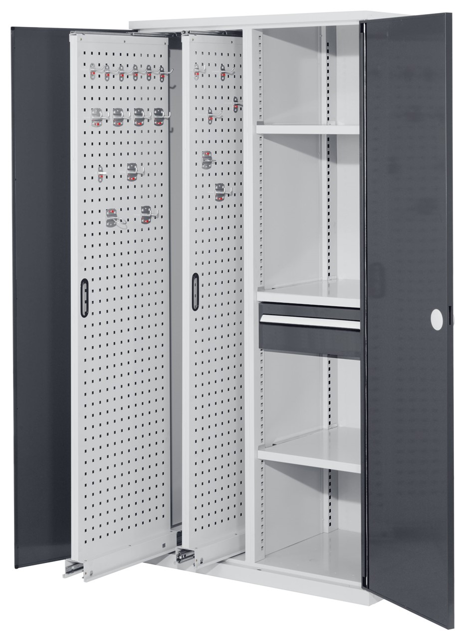 Vertikalschrank 1950x1000x600 mm HxBxT, 2 Auszüge, 3 Fachböden Breite 500 mm, 1 Schublade Höhe 175x Breite 500 mm,  Korpus RAL 7035 lichtgrau, Türen RAL 7016 anthrazitgrau
