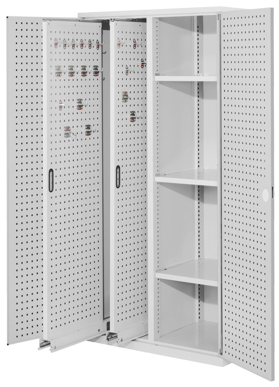 Vertikalschrank 1950x1000x600 mm HxBxT, 2 Auszüge, 3 Fachböden Breite 500 mm, Korpus RAL 7035 lichtgrau, Türen RAL 7035 lichtgrau