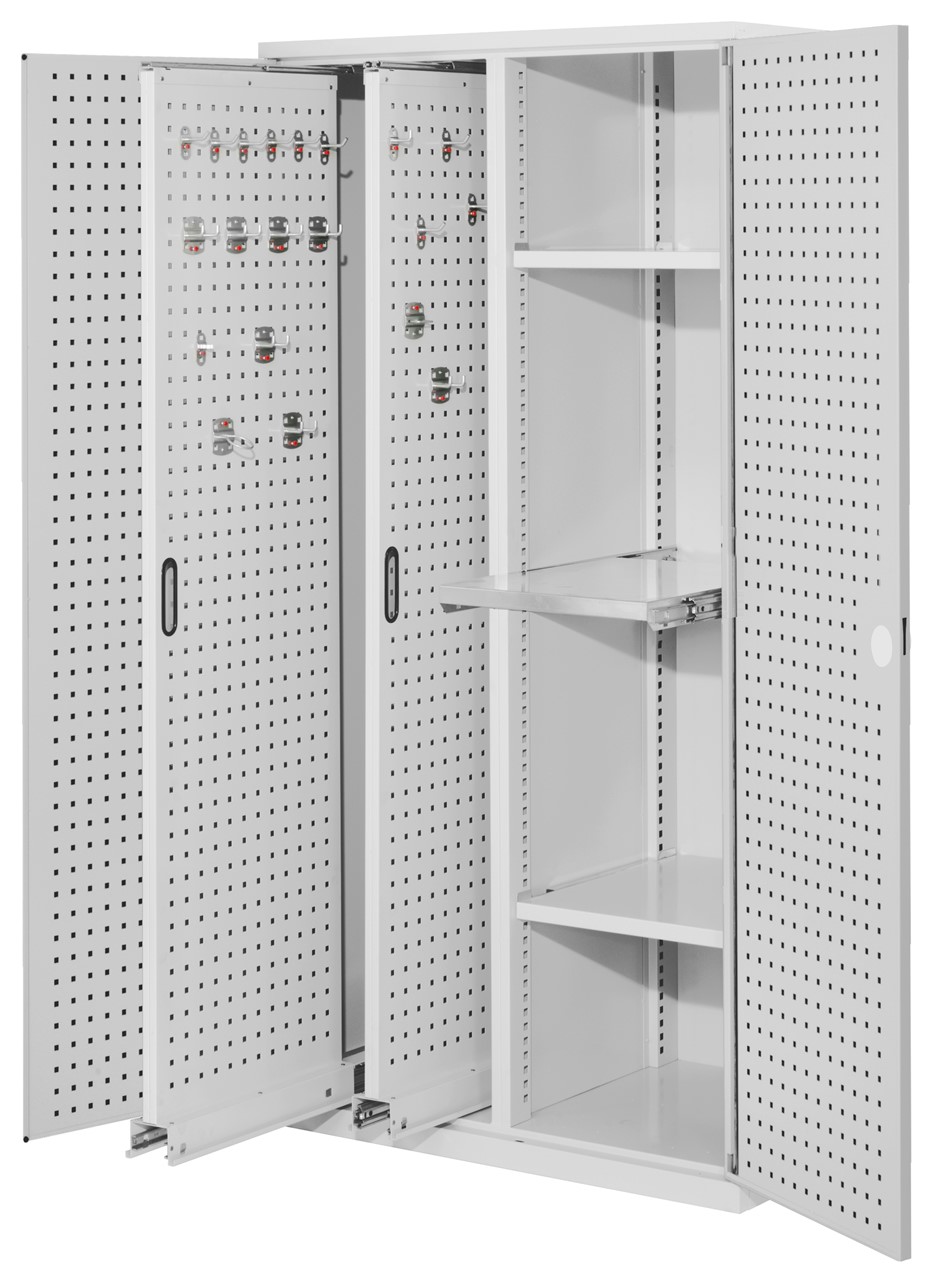 Vertikalschrank 1950x1000x600 mm HxBxT, 2 Auszüge, 2 Fachböden Breite 500 mm, 1 Auszugboden Breite 500 mm,  Korpus RAL 7035 lichtgrau, Türen RAL 7035 lichtgrau