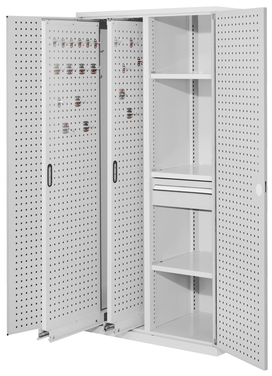 Vertikalschrank 1950x1000x600 mm HxBxT, 2 Auszüge, 3 Fachböden Breite 500 mm, 1 Schublade Höhe 175x Breite 500 mm, Korpus RAL 7035 lichtgrau, Türen RAL 7035 lichtgrau