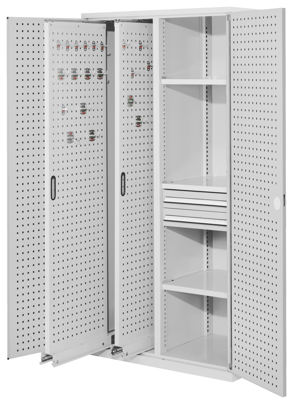 Vertikalschrank 1950x1000x600 mm HxBxT, 2 Auszüge, 3 Fachböden Breite 500 mm, 2 Schublade Höhe 100x Breite 500 mm, Korpus RAL 7035 lichtgrau, Türen RAL 7035 lichtgrau