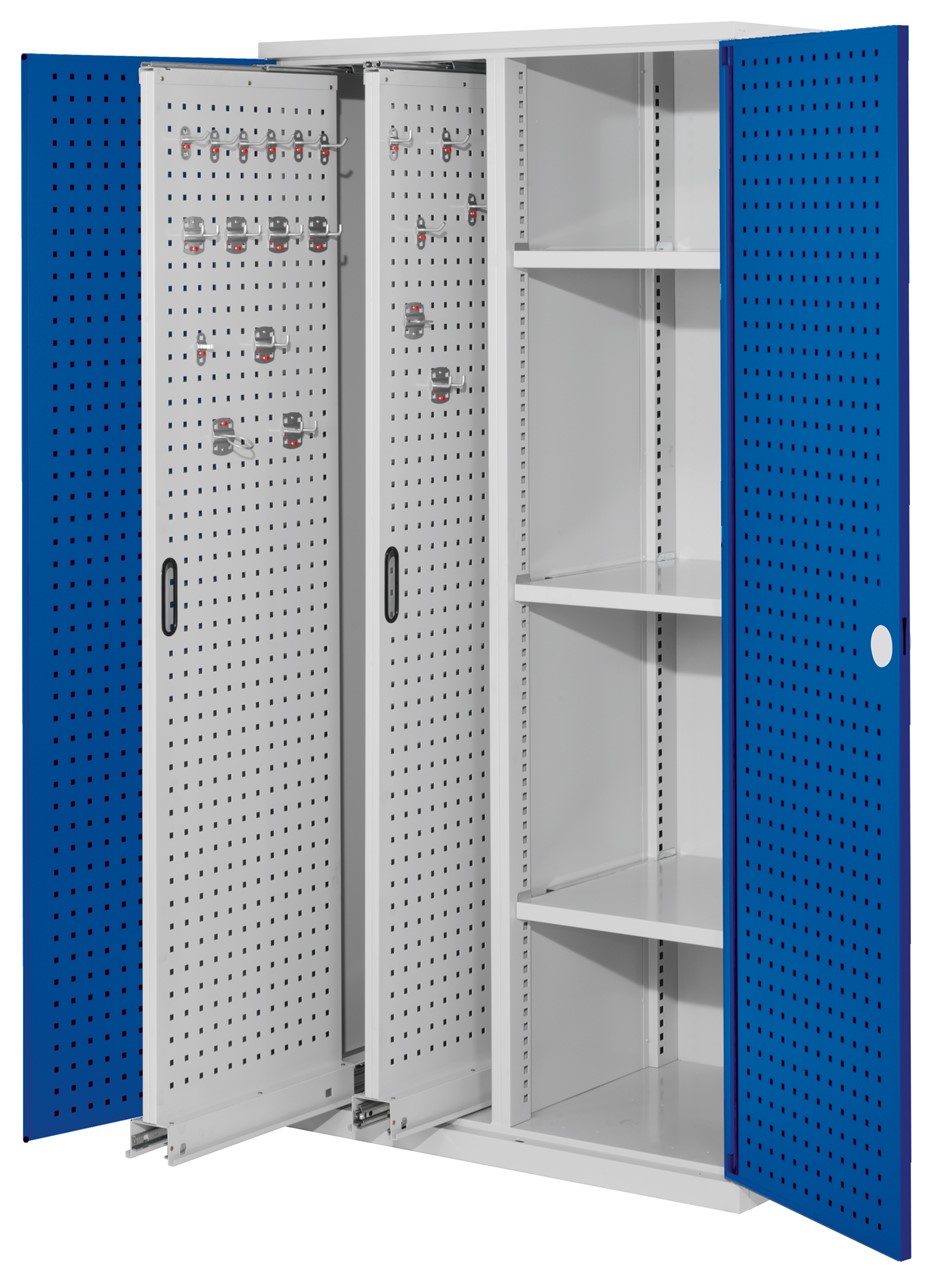 Vertikalschränke 1950x1000x600 mm HxBxT, 2 Auszüge, 3 Fachböden Breite 500 mm, Korpus RAL 7035 ichtgrau, Türen RAL 5010 enzianblau