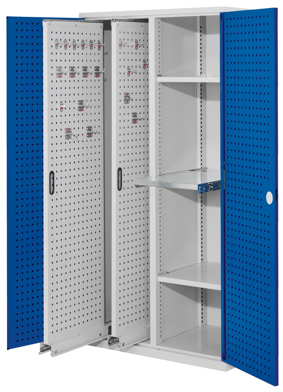 Vertikalschrank 1950x1000x600 mm HxBxT, 2 Auszüge, 2 Fachböden Breite 500 mm, 1 Auszugboden Breite 500 mm,  Korpus RAL 7035 lichtgrau, Türen RAL 5010 enzianblau