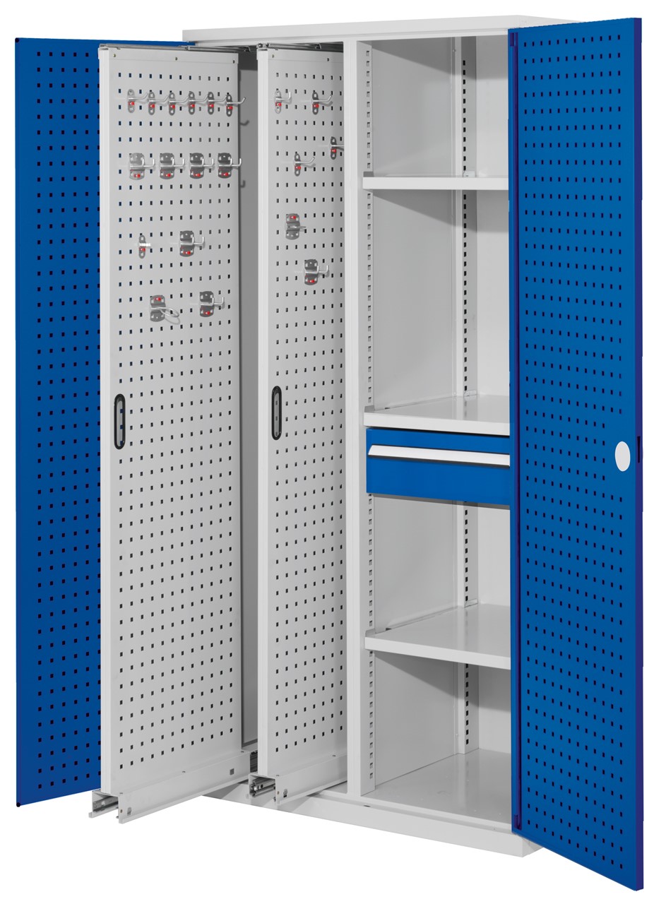 Vertikalschrank 1950x1000x600 mm HxBxT, 2 Auszüge, 3 Fachböden Breite 500 mm, 1 Schublade Höhe 175x Breite 500 mm, Korpus RAL 7035 lichtgrau, Türen RAL 5010 enzianblau